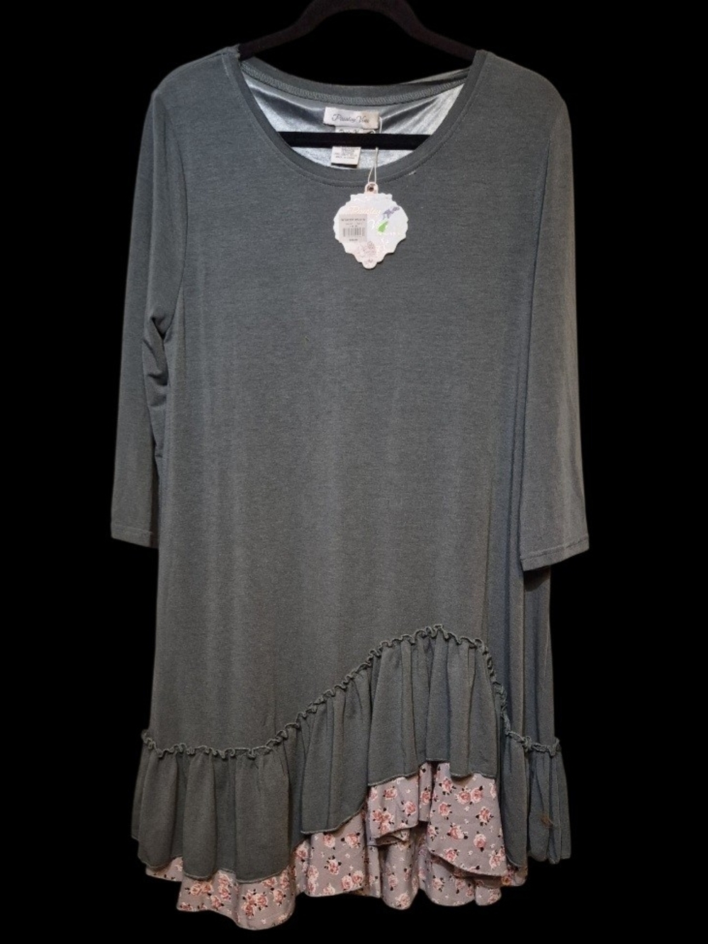 Women's Slate Gray Ruffle Hem Dress with Floral Trim